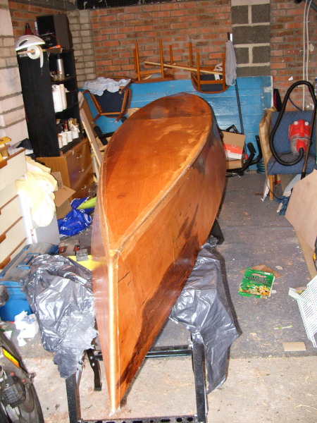 Upside-down hull after external seams had been fibreglassed